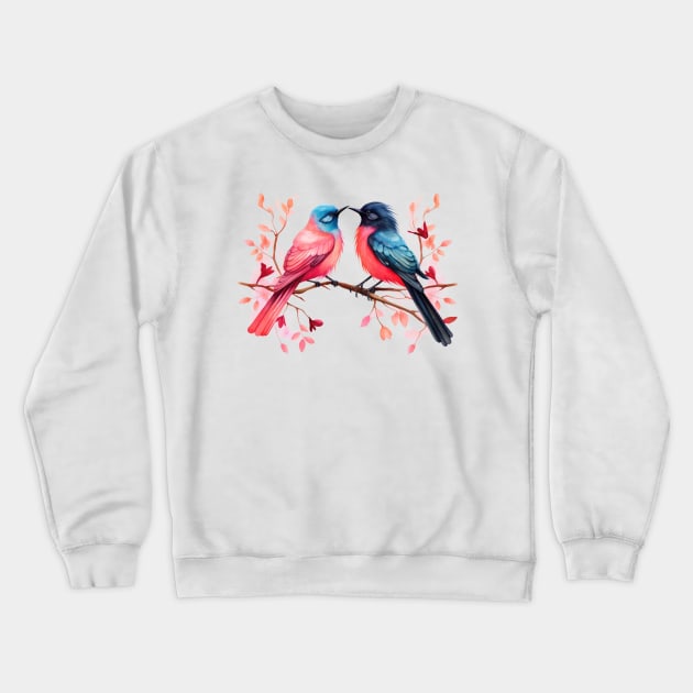 Valentine Kissing Greater Racket Tailed Drongo Bird Couple Crewneck Sweatshirt by Chromatic Fusion Studio